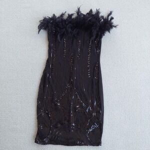 Posh by V Sequin Mini Dress Womens Large Black Feather Trim Strapless Bodycon
